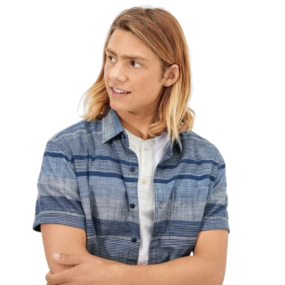 American Eagle Men Blue Striped Button-Up Resort Shirt - Picture 3 of 4